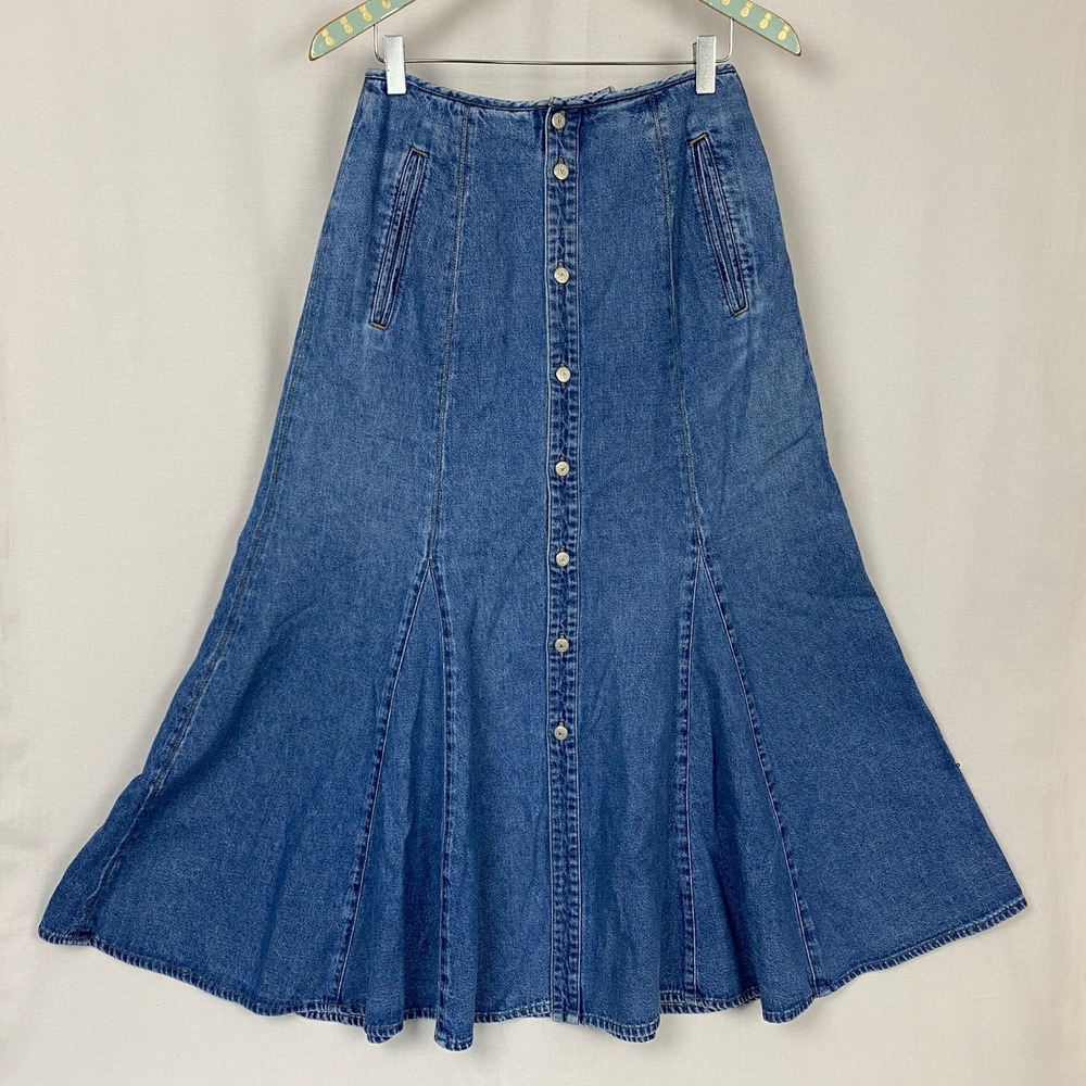 Vtg Liz Claiborne Denim Maxi Skirt Womens 6 / 26"W Button Front 90s Western S